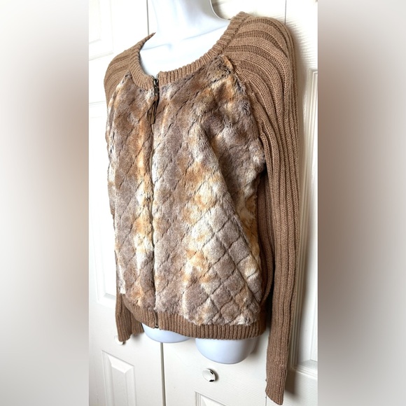 ELLA MOSS Vannah Cardigan Sweater Camel Tan Brown Faux Rabbit Fur Ribbed Knit - Picture 4 of 13